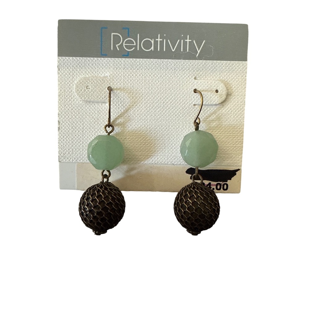 Relativity Sage Green Faceted Bead Bronze Mesh Ball Drop Earrings USA Made